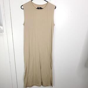 Zyia Dress Womens Medium Sleeveless Split Hem Athleisure Tan Midi Crew Neck